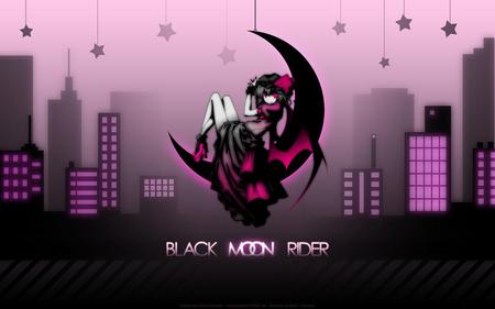 Black Moon Rider - moon, anime girl, rider, beautiful, beauty, city, pink, buildings, stars, black, black moon rider, purple, wings, cute, bow, demon