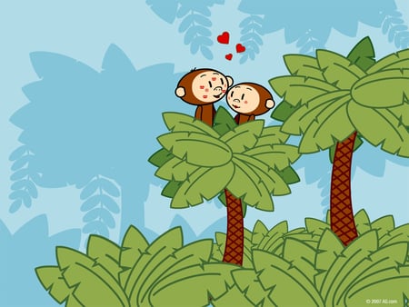 Jungle love - blue, funny, green, vector, love, monkey, palm