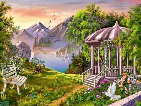 Tranquility Park - trees, birds, water, lighthouse, grass, steps, flowers, white dove, path, gazebo, bench, 3d, lake, mountains, peaceful, park