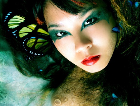 Eastern Promise - beauty, lips, female, eyes, fantasy, model, face, butterfly, green