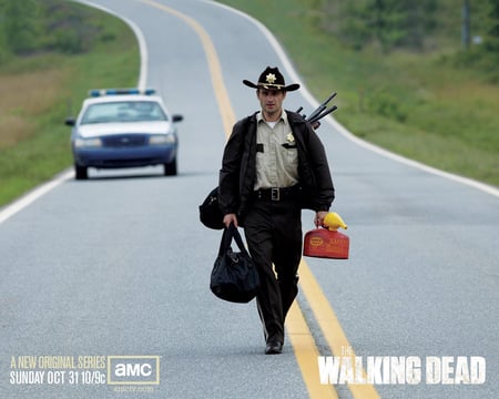 Rick Grimes - The Walking Dead - gun, walking, highway, police, fuel, road, cop, comic, dead, alone, car, zombie, tv