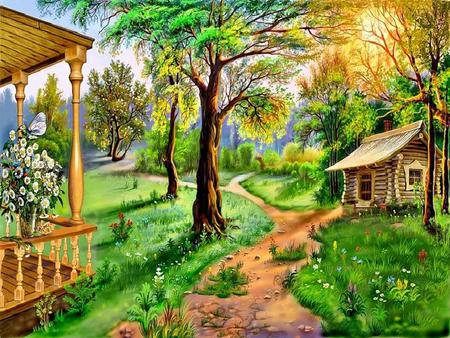 Neighbors - trees, windows, grass, flowers, path, sunlit, door, porch, rail, cabins, butterfly, 3d, neighbors