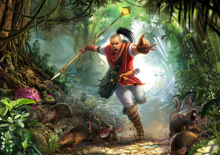 Hurry - flowers, oriental, trees, fantasy, ferns, rats, running, character