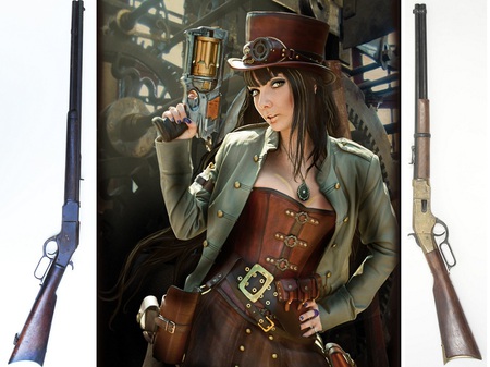 Riverboat Miss - top hat, belt, fantasy, female, gun, leather, jacket