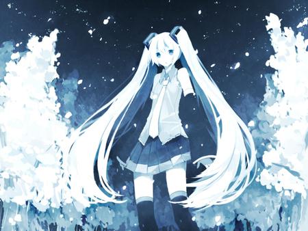 Hatsune Miku - nice, beauty, sky, night sky, trees, thighhighs, twintail, white, pretty, cool, petals, anime, miku, cute, cherry blossom tree, hatsune miku, stars, skirt, night, hatsune, vocaloids, sakura trees, vocaloid, blue, beautiful, tie, awesome