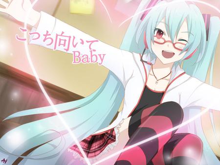 Hatsune Miku - nice, beauty, glasses, thighhighs, twintail, colorful, black, pretty, baby, cool, anime, miku, cute, hatsune miku, skirt, blushing, hatsune, vocaloids, blue hair, vocaloid, blue, pink, beautiful, awesome