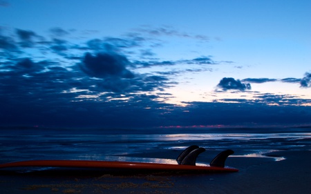 Mimizan Surfing Sunset - calm, clouds, water, blue, beautiful, beaches, nature, twilight, surfboard, sky