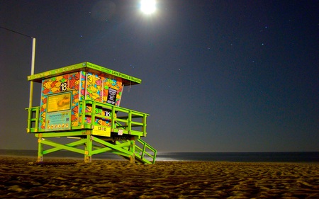 Moonlight Lifeguard House - moon, house, beautiful, beaches, night, lifeguard, stars, nature, surreal