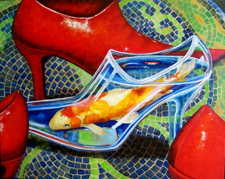 Wet Shoe Dream - abstact, shoe, oil, fantasy, red, painting, 3d, fish, heels