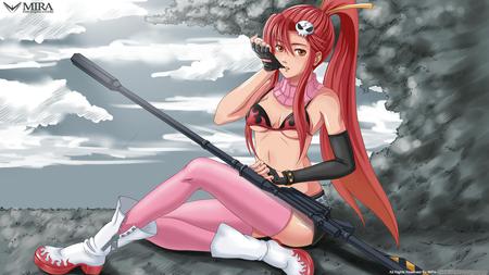 tengen_toppa_gurren_lagann-underboob-yoko_ritona - anime, blue, gun, hot, grass, hair, pink fantsay, tree, girls, red, cloud, sexy, sky, other