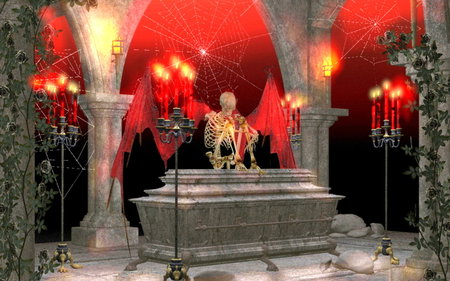 THE TOMB - skeleton, spider web, candles, tomb