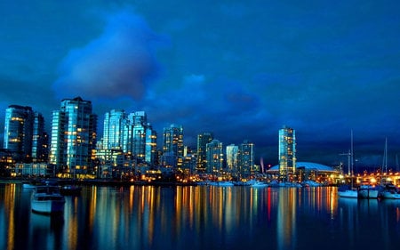 Vancauver - lights, water, reflections, skyscrapers, buildings, blue, sky, british columbia, architecture, clouds, boats