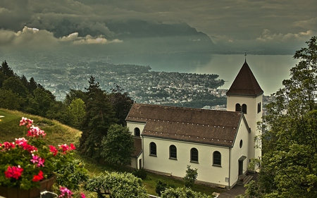 Beautiful Place - beauty, sky, trees, peaceful, water, view, clouds, architecture, green, house, grass, houses, landscape, buildings, nature, town, church, beautiful, alley, leaves, flowers, colors, sea