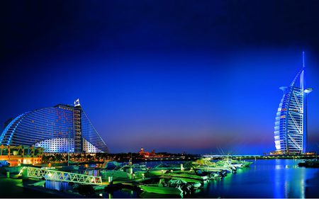 Dubai_Nightlife - clouds, water, blue, reflection, architecture, dubai, out doors, modern, color, sky, building