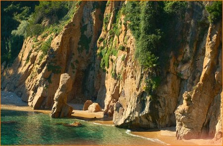 The Beach - beach, art photo, yellow, cliff, beautiful, green, sand, sea