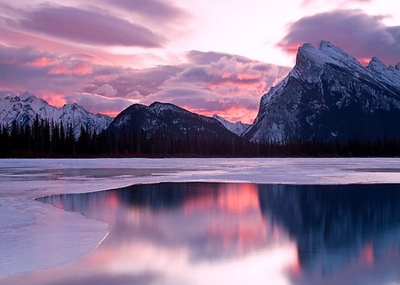 Ice blue - reflections, sky, frozen water, clouds, snow, mountains, pink and grey