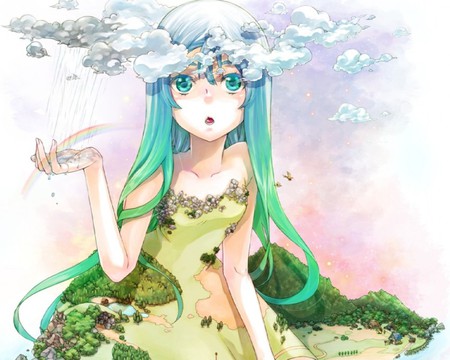 Nature Girl - anime, female, green hair, plant, long hair, mountain, rainbow, rain, sky, hill, anime girl, green eye, water, hot, girl, tree, fantasy, green, cloud, cute, sexy