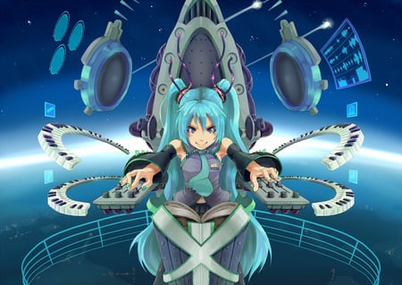 Hatsune Miku - space, shooting stars, miku, hatsune, book, cute, beautiful, vocaloids, bass, stars, white, blue hair, pretty, cool, beauty, awesome, vocaloid, anime, twintail, earth, blue, nice, planet, blue eyes, hatsune miku