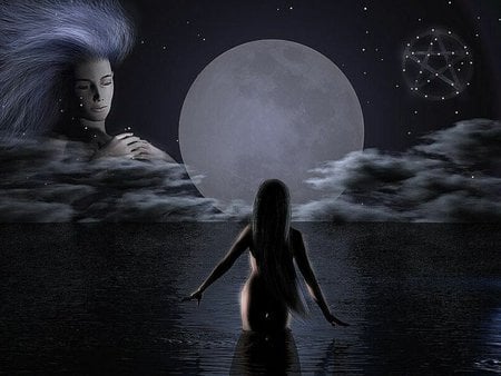 A MAGICAL NIGHT - moon, female, night, ocean, magical