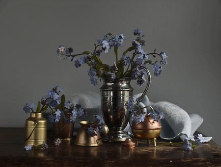 Delicate strength - beautiful, flowers, iron, vase, blue, canisters, cloth, metals, petals, steel