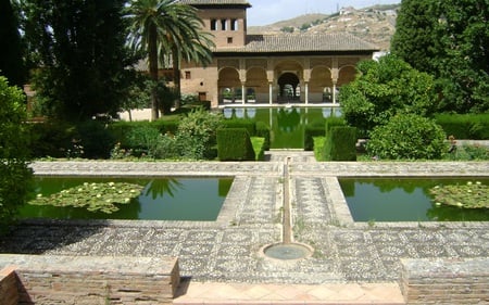 Alhambra - houses, beautiful, architecture, pools, courtyard, garden, lillies