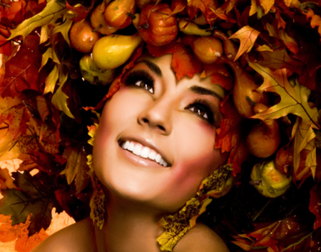 Autumn lady - woman, beautiful, autumn, fruit, colors, leaf, vegetables