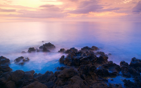 First Light - beaches, ocean, calm, nature, clouds, beautiful, colors, sunrise, rocky