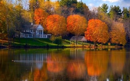 BEAUTIFUL AUTUMN LANDSCAPE - swans, building, autumn, lake, falls, landscape, reflection, colors, house