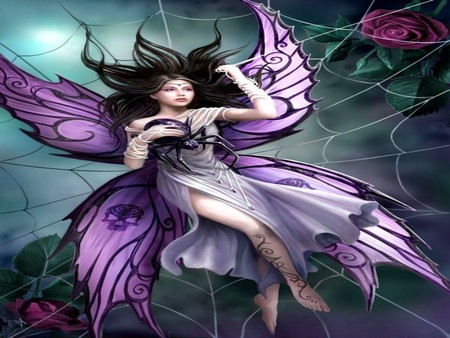 THE WEB - web, spider, roses, female, purple, wings, fairy