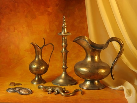 Still Life For Ahava - pots, coins, cuprum, beautiful, figure, compsition, art photo, still life