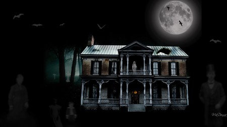 House of Haunts - moon, crosses, birds, family, scary, widescreen, bats, spooky, halloween, graves, ghosts, sky