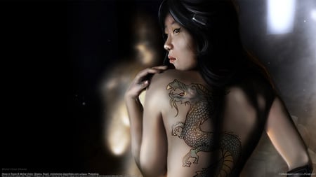 Dragon Tatoo - abstract, anime, beautiful, girl, angel, cool, tatoo, dream, cg, fantasy, dragon, lady, fairy, cute, 3d, art