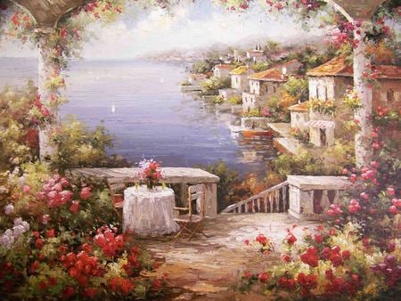 Dreaming Of Paradise - romantic, mediterranean, sea, sailboats, flowerstable, overlooking, patio, view, houses