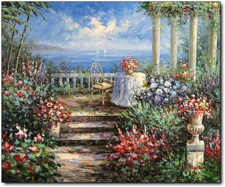 Thinking Of Romance - trees, planters, chairs, scene, table, sea, romance, flowers, stairs, patio, garden