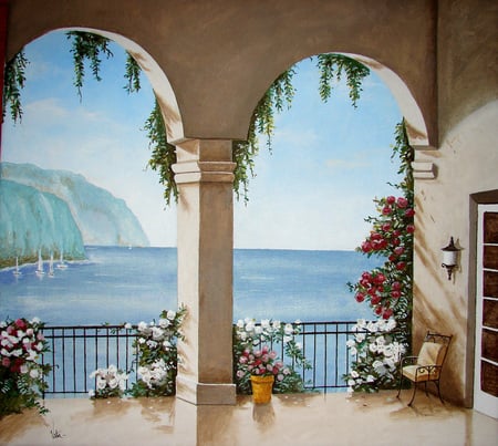 A Mediterranean Terrace - flowers, painting, mediterranean, sea, terrace