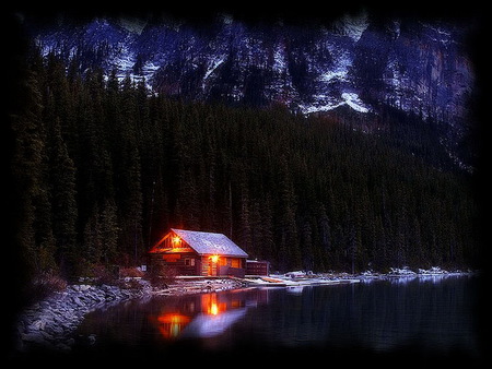 By the lake - trees, winter, cabin, snow, night, forest, darkness, lights on, lake, mountains, cottage, secluded