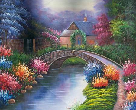 Painting The Country With Colors - cottage, painting, trees, river, colors, flowers, bridge