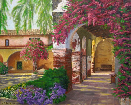 The Garden Courtyard - landscaped, benches, trees, walks, house, garden, archways, vines