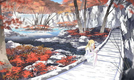 Anime Forrest - rocks, water, track, forrest, anime, trees, girl