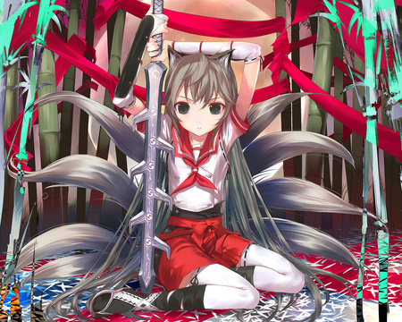 Seifuku - gray hair, cute, sword, tail, bamboo, cat ears