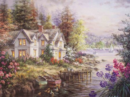 Serenity - morning, lake, fresh, boats, trees, serene, dock, gardens, bay, spring, country, clean, ducks, crisp, house, flowers