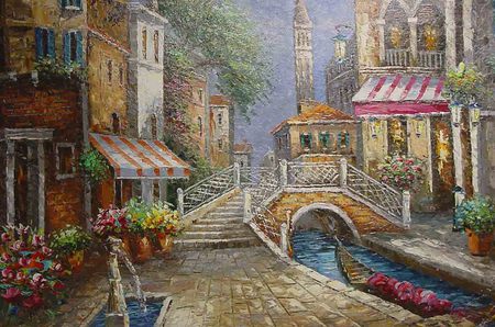 Old World Romance - houses, boats, venice, arches, tower, store, planters, streets, flowers