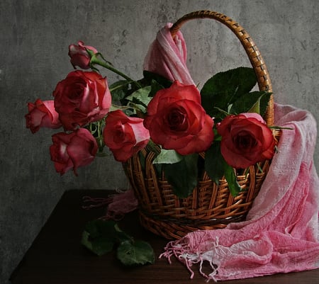 still life - roses, photo, bouquets, flowers, petal, pinkscarf, nice, beautiful, photography, table, cool, love, still life, flower, harmony, basket, scarf, rose