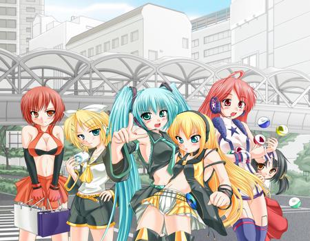 Vocaloid Girls - nice, beauty, hot, thighhighs, beauties, twintail, colorful, rin, lily, pretty, cool, kagamine, miki, anime, miku, shopping, cute, hatsune miku, sexy, skirt, kagamine rin, blushing, meiko, buildings, hatsune, vocaloids, vocaloid, beautiful, city, awesome, group