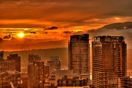 Sunset and skyscrapers - evening, orange sky, clouds, city, sunset, skyscrapers