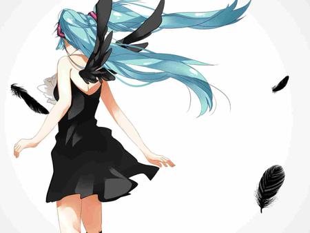 Hatsune Miku - pretty, anime, vocaloid, blue, twintail, dress, hatsune miku, angel, blue hair, nice, beautiful, thighhighs, beauty, cool, black, white, miku, awesome, wings, cute, hatsune, feathers, vocaloids