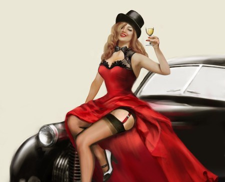 Toast Of The Town - top hat, champagne, car, woman, model, fashion, toast