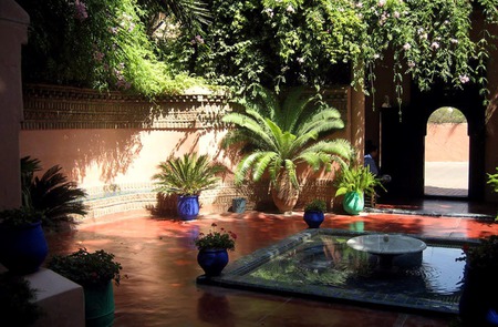 Zen Garden - fountain, trees, blue pots, plants, garden, archway