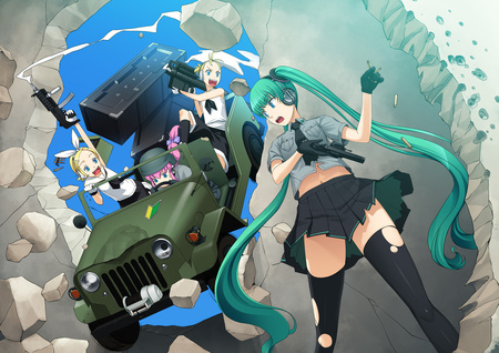 Vocaloid under Fire! - hatsune miku, war, kagamine rin, megurine luka, army, anime, kagamine len, guns