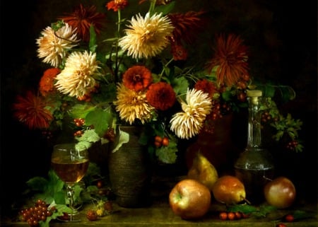 Autumn Beauty - wineglass, flowers, still life, apples, berries, mums